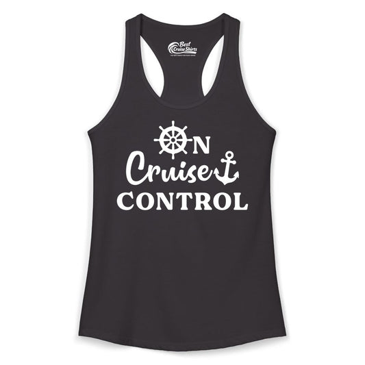 On Cruise Control Shirt - Fun Nautical Cruise Vacation Apparel (Ladies Tank) in Black - On Cruise Control Shirt - Nautical Icons and Bold White Lettering Tee