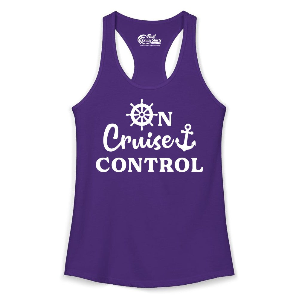 On Cruise Control Shirt - Fun Nautical Cruise Vacation Apparel (Ladies Tank) in Solid Purple Rush - On Cruise Control Shirt - Nautical Icons and Bold White Lettering Tee