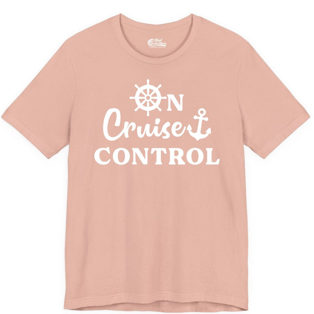 On Cruise Control Shirt - Fun Nautical Cruise Vacation Apparel (Premium Tee) in Peach - On Cruise Control Shirt - Nautical Icons and Bold White Lettering Tee