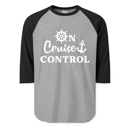 On Cruise Control Shirt - Fun Nautical Cruise Vacation Apparel (Raglan) in Heather GreyBlack - On Cruise Control Shirt - Nautical Icons and Bold White Lettering Tee