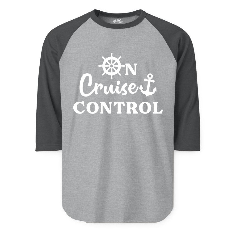 On Cruise Control Shirt - Fun Nautical Cruise Vacation Apparel (Raglan) in Heather GreyHeather Charcoal - On Cruise Control Shirt - Nautical Icons and Bold White Lettering Tee