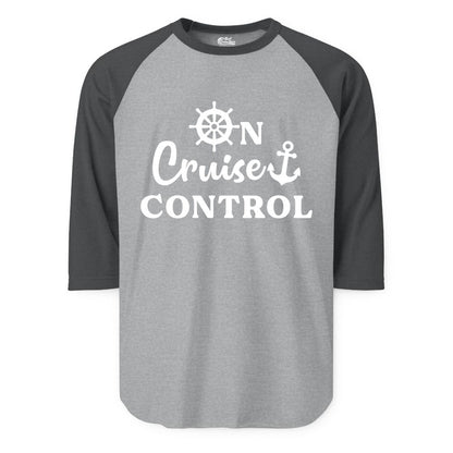 On Cruise Control Shirt - Fun Nautical Cruise Vacation Apparel (Raglan) in Heather GreyHeather Charcoal - On Cruise Control Shirt - Nautical Icons and Bold White Lettering Tee
