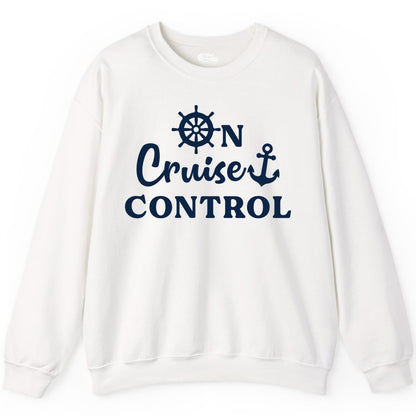On Cruise Control Shirt - Fun Nautical Cruise Vacation Apparel (Sweatshirt) in White - On Cruise Control Shirt - Nautical Icons and Bold White Lettering Tee