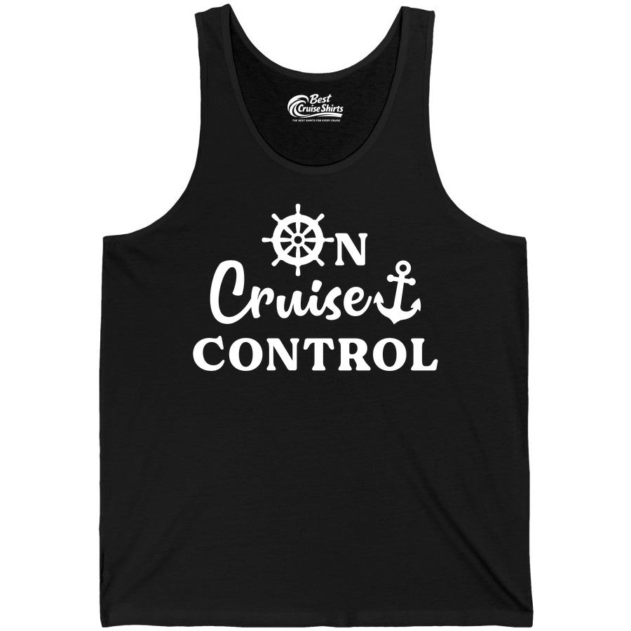 On Cruise Control Shirt - Fun Nautical Cruise Vacation Apparel (Tank Top) in Black - On Cruise Control Shirt - Nautical Icons and Bold White Lettering Tee