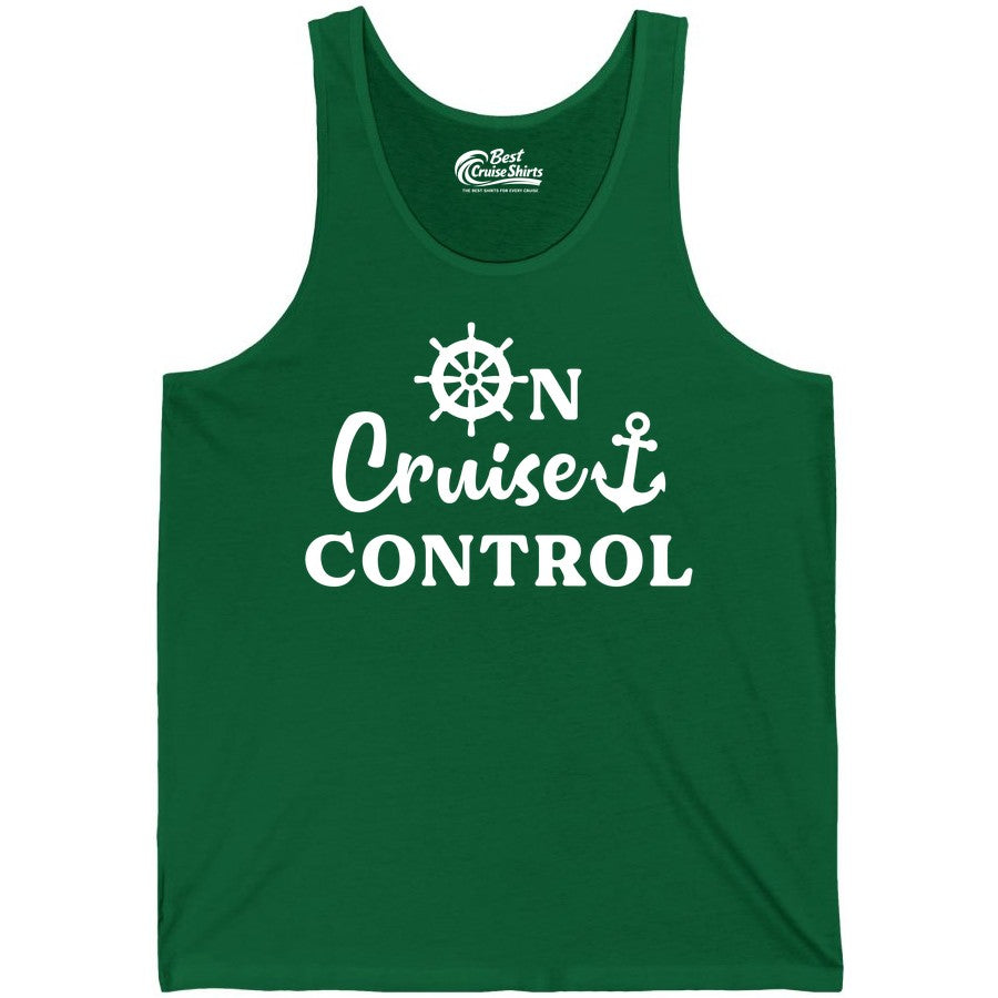 On Cruise Control Shirt - Fun Nautical Cruise Vacation Apparel (Tank Top) in Kelly - On Cruise Control Shirt - Nautical Icons and Bold White Lettering Tee