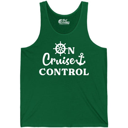 On Cruise Control Shirt - Fun Nautical Cruise Vacation Apparel (Tank Top) in Kelly - On Cruise Control Shirt - Nautical Icons and Bold White Lettering Tee