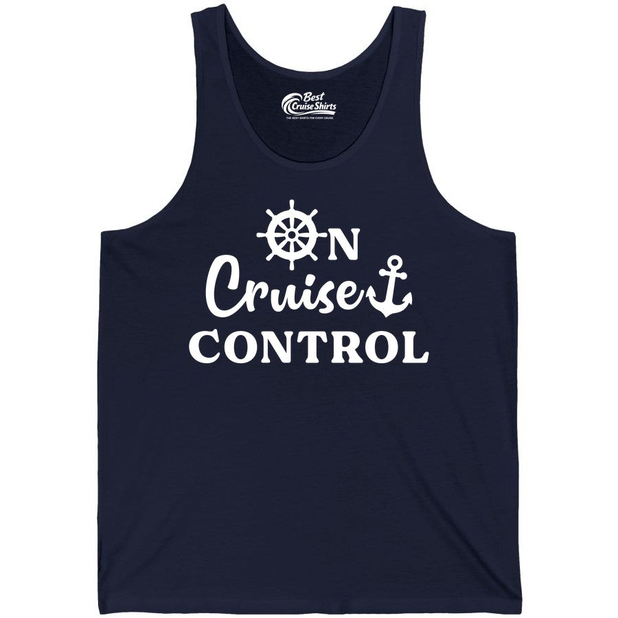 On Cruise Control Shirt - Fun Nautical Cruise Vacation Apparel (Tank Top) in Navy - On Cruise Control Shirt - Nautical Icons and Bold White Lettering Tee
