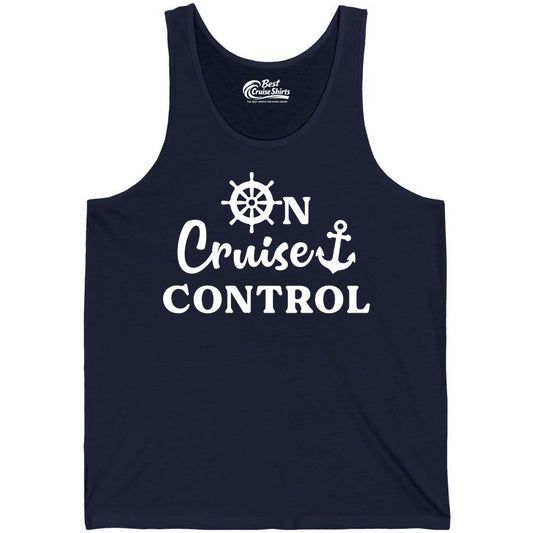 On Cruise Control Shirt - Fun Nautical Cruise Vacation Apparel (Tank Top) in Navy - On Cruise Control Shirt - Nautical Icons and Bold White Lettering Tee