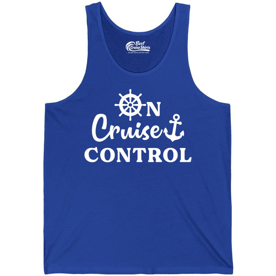 On Cruise Control Shirt - Fun Nautical Cruise Vacation Apparel (Tank Top) in True Royal - On Cruise Control Shirt - Nautical Icons and Bold White Lettering Tee