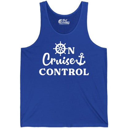 On Cruise Control Shirt - Fun Nautical Cruise Vacation Apparel (Tank Top) in True Royal - On Cruise Control Shirt - Nautical Icons and Bold White Lettering Tee