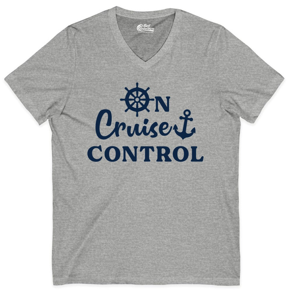 On Cruise Control Shirt - Fun Nautical Cruise Vacation Apparel (V-Neck) in Athletic Heather - On Cruise Control Shirt - Nautical Icons and Bold White Lettering Tee