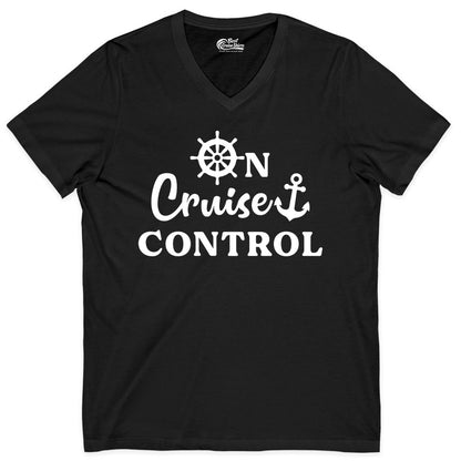 On Cruise Control Shirt - Fun Nautical Cruise Vacation Apparel (V-Neck) in Black - On Cruise Control Shirt - Nautical Icons and Bold White Lettering Tee