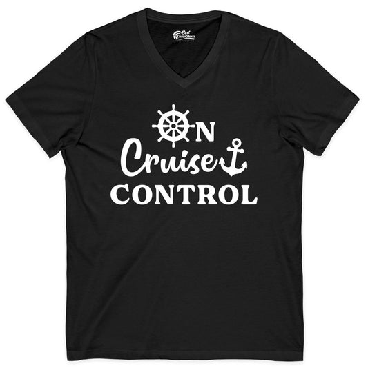 On Cruise Control Shirt - Fun Nautical Cruise Vacation Apparel (V-Neck) in Black - On Cruise Control Shirt - Nautical Icons and Bold White Lettering Tee