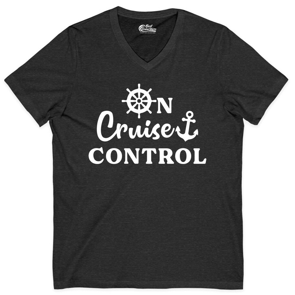 On Cruise Control Shirt - Fun Nautical Cruise Vacation Apparel (V-Neck) in Dark Grey Heather - On Cruise Control Shirt - Nautical Icons and Bold White Lettering Tee