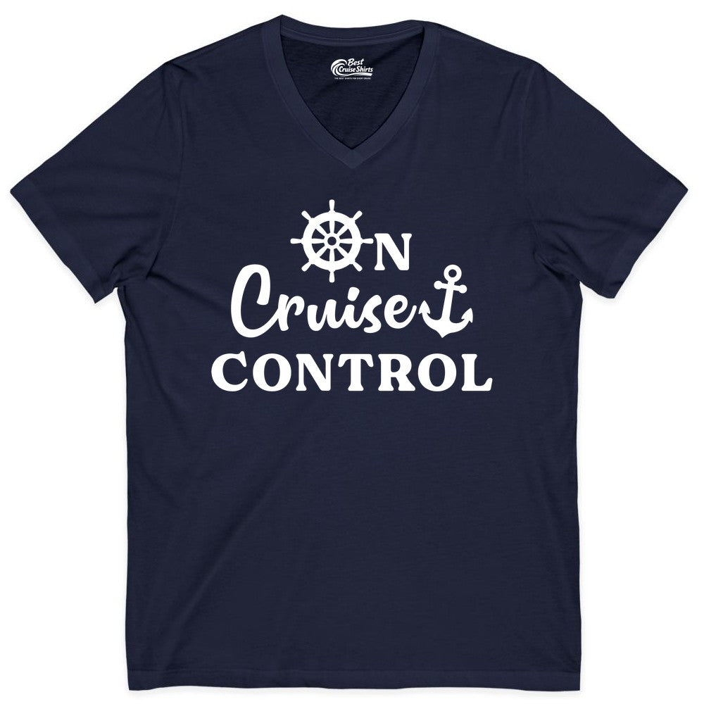 On Cruise Control Shirt - Fun Nautical Cruise Vacation Apparel (V-Neck) in Navy - On Cruise Control Shirt - Nautical Icons and Bold White Lettering Tee