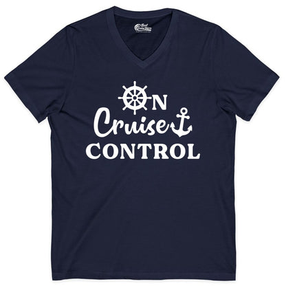 On Cruise Control Shirt - Fun Nautical Cruise Vacation Apparel (V-Neck) in Navy - On Cruise Control Shirt - Nautical Icons and Bold White Lettering Tee
