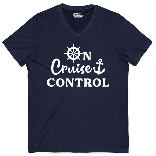 On Cruise Control Shirt - Fun Nautical Cruise Vacation Apparel (V-Neck) in Navy - On Cruise Control Shirt - Nautical Icons and Bold White Lettering Tee