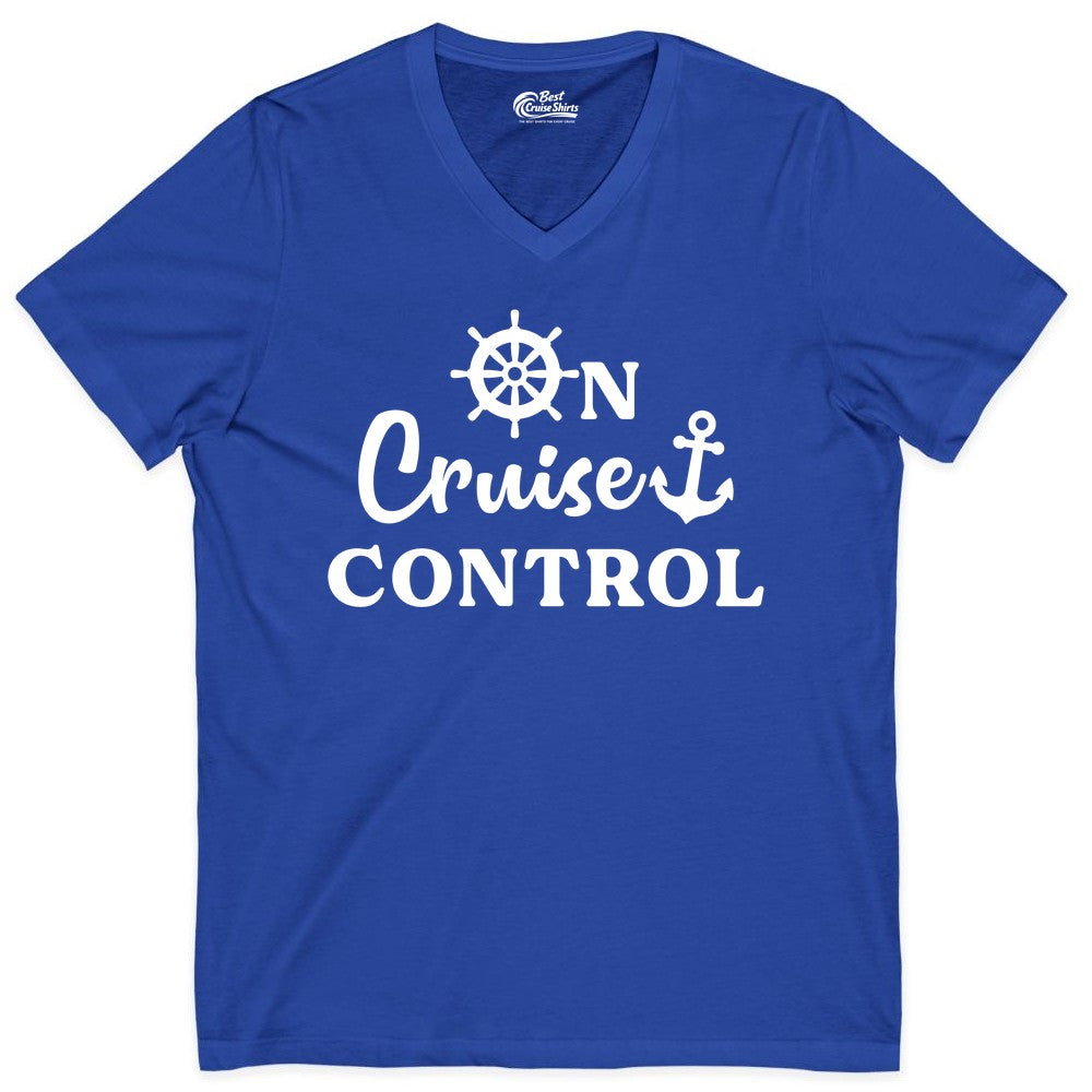 On Cruise Control Shirt - Fun Nautical Cruise Vacation Apparel (V-Neck) in True Royal - On Cruise Control Shirt - Nautical Icons and Bold White Lettering Tee