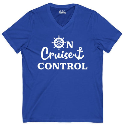On Cruise Control Shirt - Fun Nautical Cruise Vacation Apparel (V-Neck) in True Royal - On Cruise Control Shirt - Nautical Icons and Bold White Lettering Tee