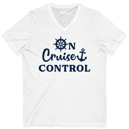 On Cruise Control Shirt - Fun Nautical Cruise Vacation Apparel (V-Neck) in White - On Cruise Control Shirt - Nautical Icons and Bold White Lettering Tee