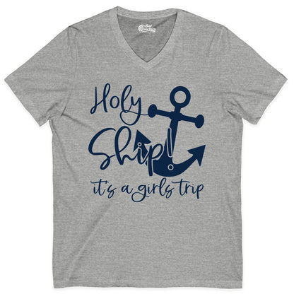 Girls Trip Cruise Shirt - Nautical Anchor Funny Holy Ship Tee (V-Neck) in Athletic Heather - Holy Ship Anchor Girls Trip Cruise Shirt - Nautical Party Tee