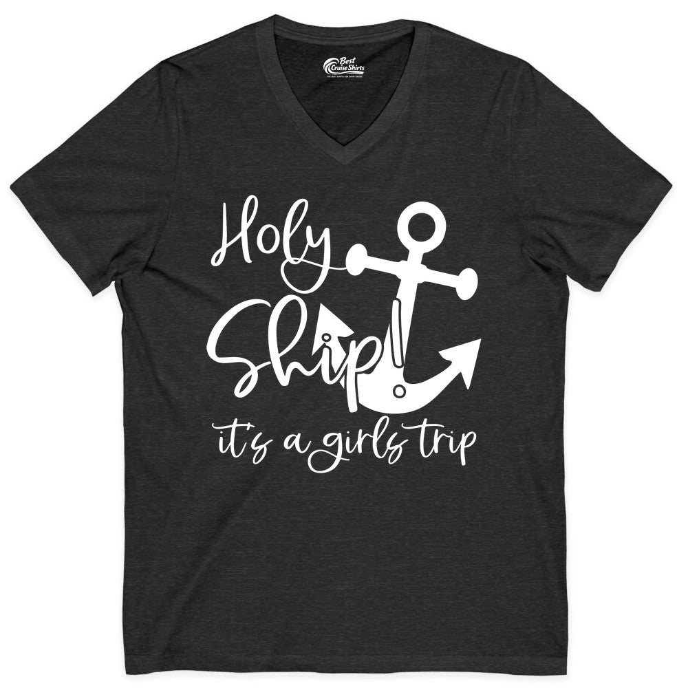 Girls Trip Cruise Shirt - Nautical Anchor Funny Holy Ship Tee (V-Neck) in Dark Grey Heather - Holy Ship Anchor Girls Trip Cruise Shirt - Nautical Party Tee