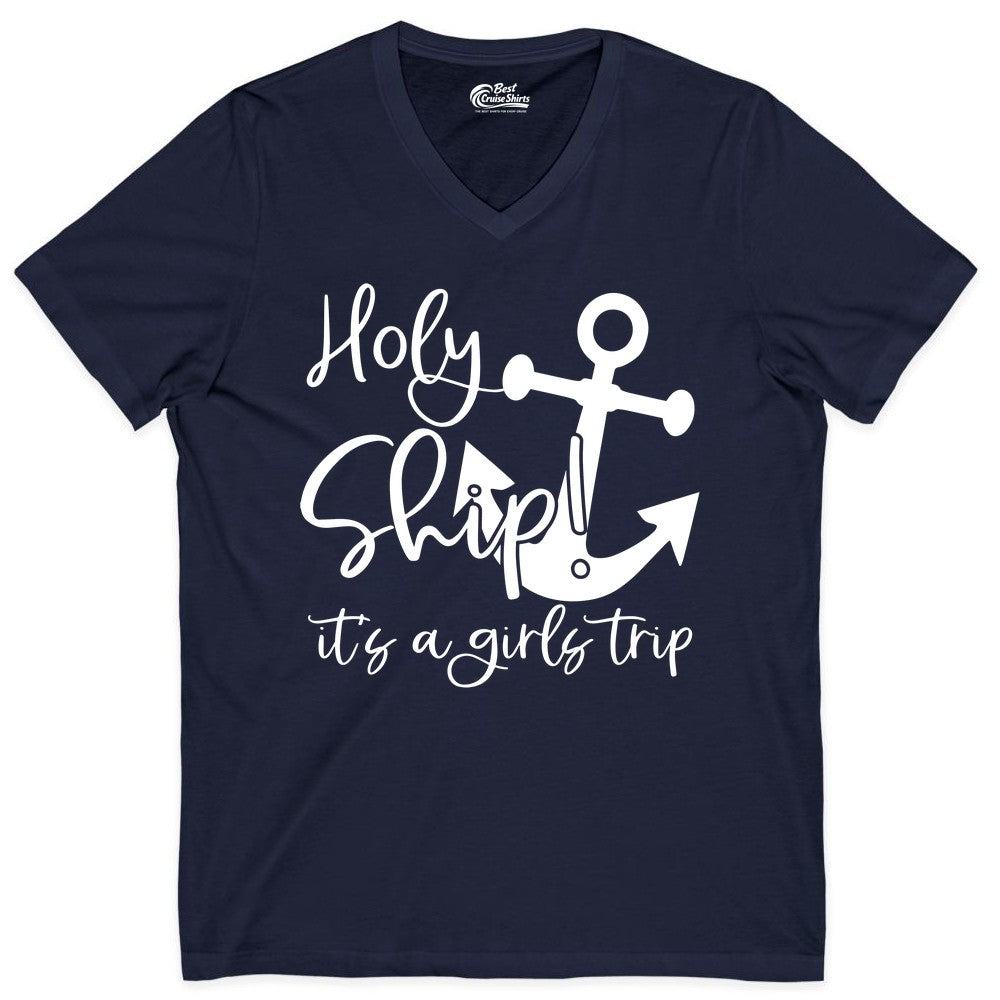 Girls Trip Cruise Shirt - Nautical Anchor Funny Holy Ship Tee (V-Neck) in Navy - Holy Ship Anchor Girls Trip Cruise Shirt - Nautical Party Tee