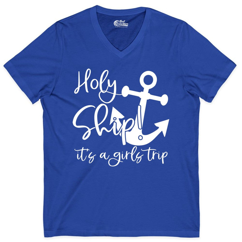 Girls Trip Cruise Shirt - Nautical Anchor Funny Holy Ship Tee (V-Neck) in True Royal - Holy Ship Anchor Girls Trip Cruise Shirt - Nautical Party Tee