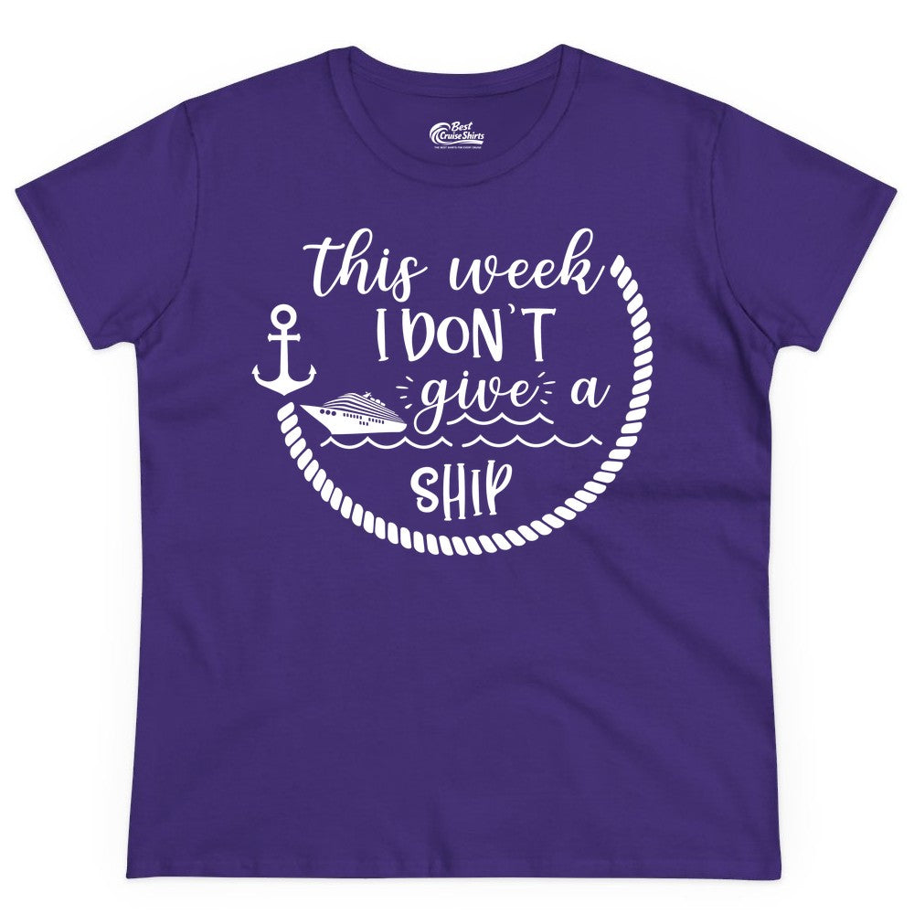 Funny Cruise Shirt - Humorous Nautical Pun Tee for Vacation (Ladies Tee) in Purple - This Week I Don’t Give a Ship Nautical Rope Funny Cruise Shirt