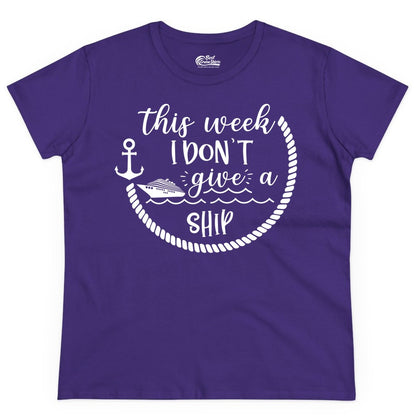 Funny Cruise Shirt - Humorous Nautical Pun Tee for Vacation (Ladies Tee) in Purple - This Week I Don’t Give a Ship Nautical Rope Funny Cruise Shirt
