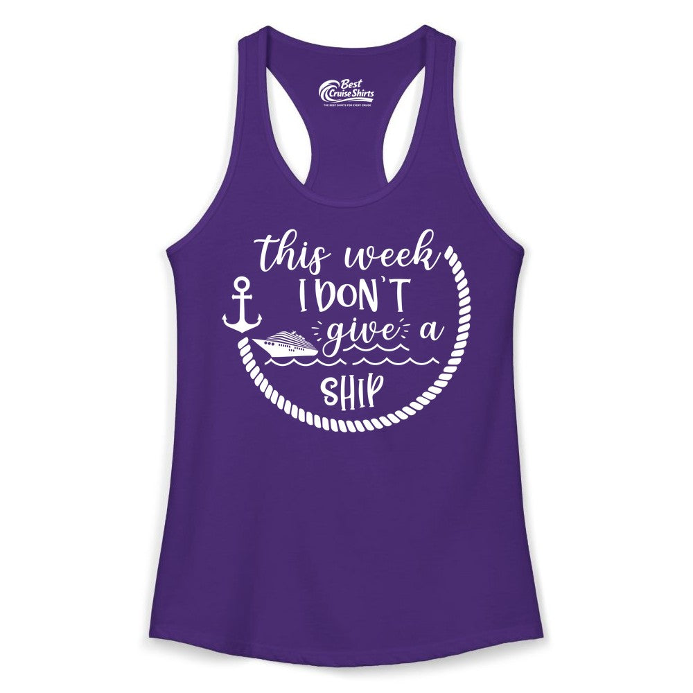Funny Cruise Shirt - Humorous Nautical Pun Tee for Vacation (Ladies Tank) in Solid Purple Rush - This Week I Don’t Give a Ship Nautical Rope Funny Cruise Shirt