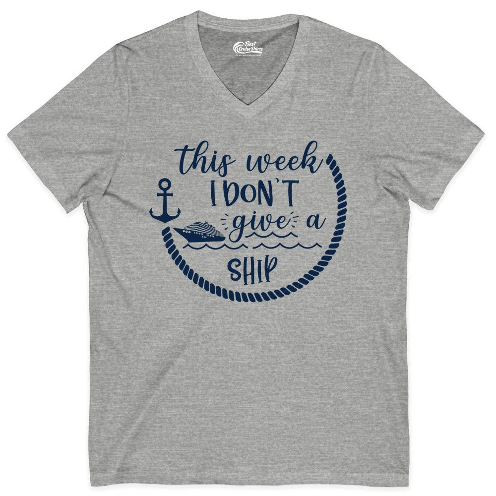 Funny Cruise Shirt - Humorous Nautical Pun Tee for Vacation (V-Neck) in Athletic Heather - This Week I Don’t Give a Ship Nautical Rope Funny Cruise Shirt