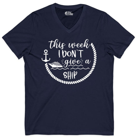 Funny Cruise Shirt - Humorous Nautical Pun Tee for Vacation (V-Neck) in Navy - This Week I Don’t Give a Ship Nautical Rope Funny Cruise Shirt
