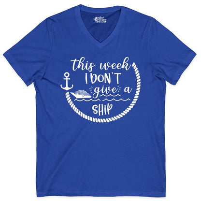 Funny Cruise Shirt - Humorous Nautical Pun Tee for Vacation (V-Neck) in True Royal - This Week I Don’t Give a Ship Nautical Rope Funny Cruise Shirt