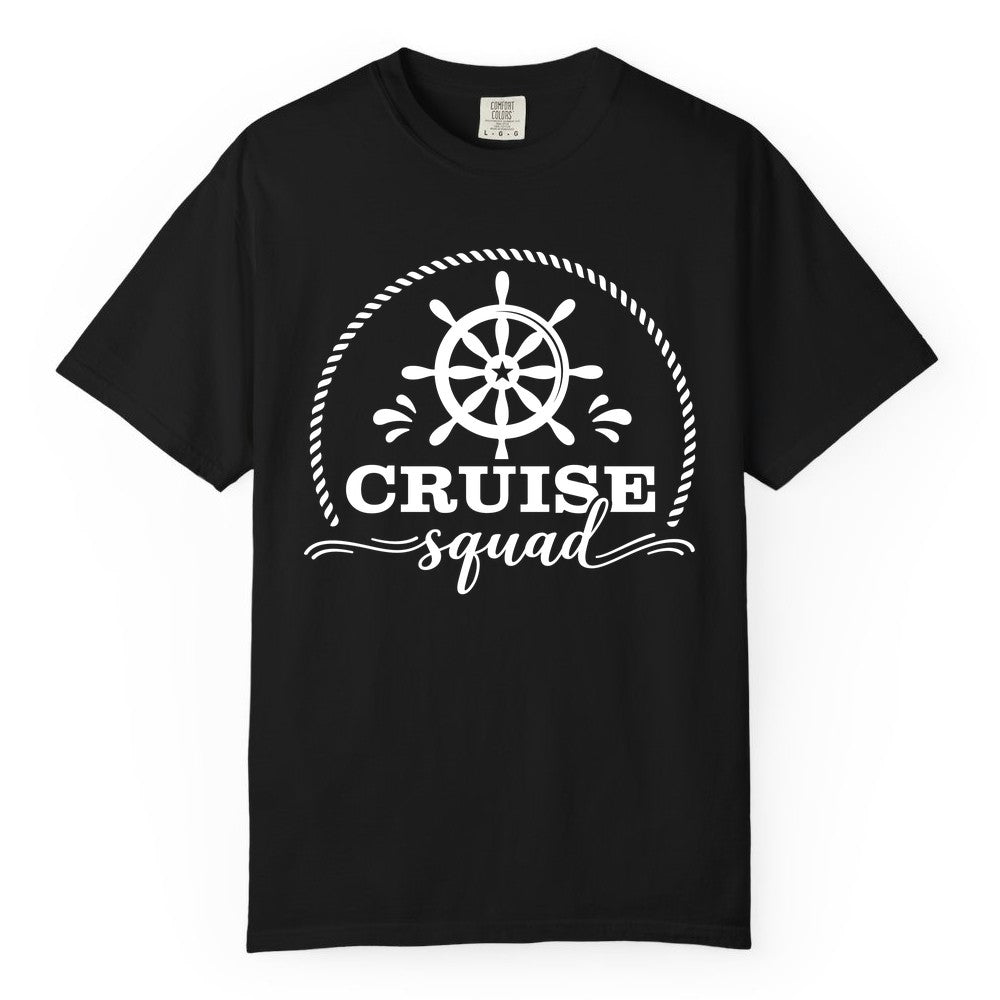 Cruise Squad Shirt - Nautical Wheel Group Cruise Apparel Matching (Comfort Color) in Black - Cruise Squad Nautical Wheel Shirt - Rope and Fun Script Group Apparel