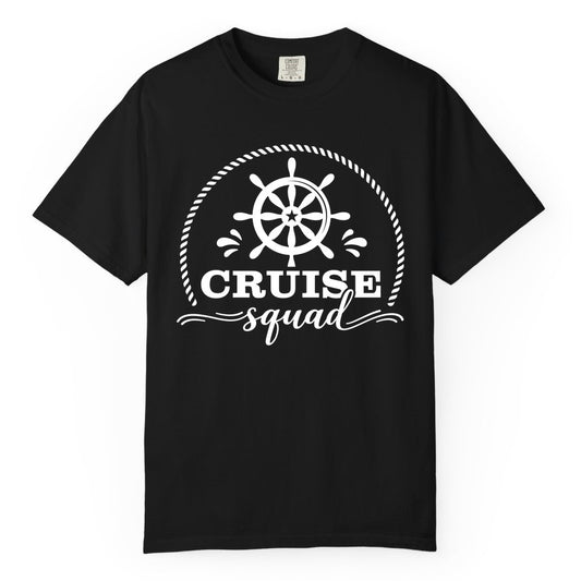 Cruise Squad Shirt - Nautical Wheel Group Cruise Apparel Matching (Comfort Color) in Black - Cruise Squad Nautical Wheel Shirt - Rope and Fun Script Group Apparel