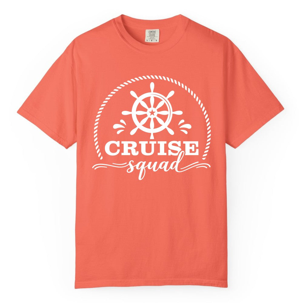 Cruise Squad Shirt - Nautical Wheel Group Cruise Apparel Matching (Comfort Color) in Bright Salmon - Cruise Squad Nautical Wheel Shirt - Rope and Fun Script Group Apparel