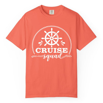 Cruise Squad Shirt - Nautical Wheel Group Cruise Apparel Matching (Comfort Color) in Bright Salmon - Cruise Squad Nautical Wheel Shirt - Rope and Fun Script Group Apparel