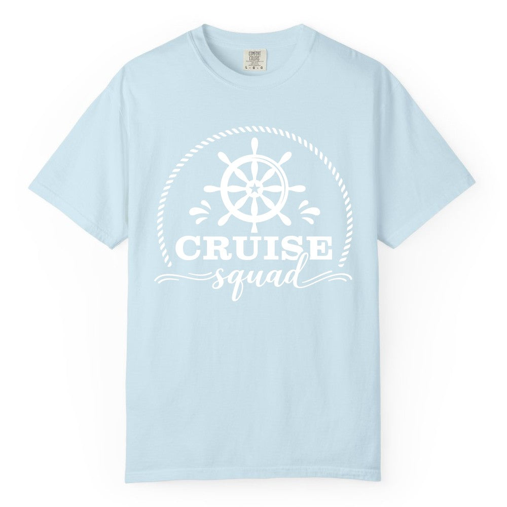 Cruise Squad Shirt - Nautical Wheel Group Cruise Apparel Matching (Comfort Color) in Chambray - Cruise Squad Nautical Wheel Shirt - Rope and Fun Script Group Apparel
