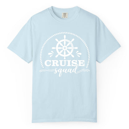 Cruise Squad Shirt - Nautical Wheel Group Cruise Apparel Matching (Comfort Color) in Chambray - Cruise Squad Nautical Wheel Shirt - Rope and Fun Script Group Apparel