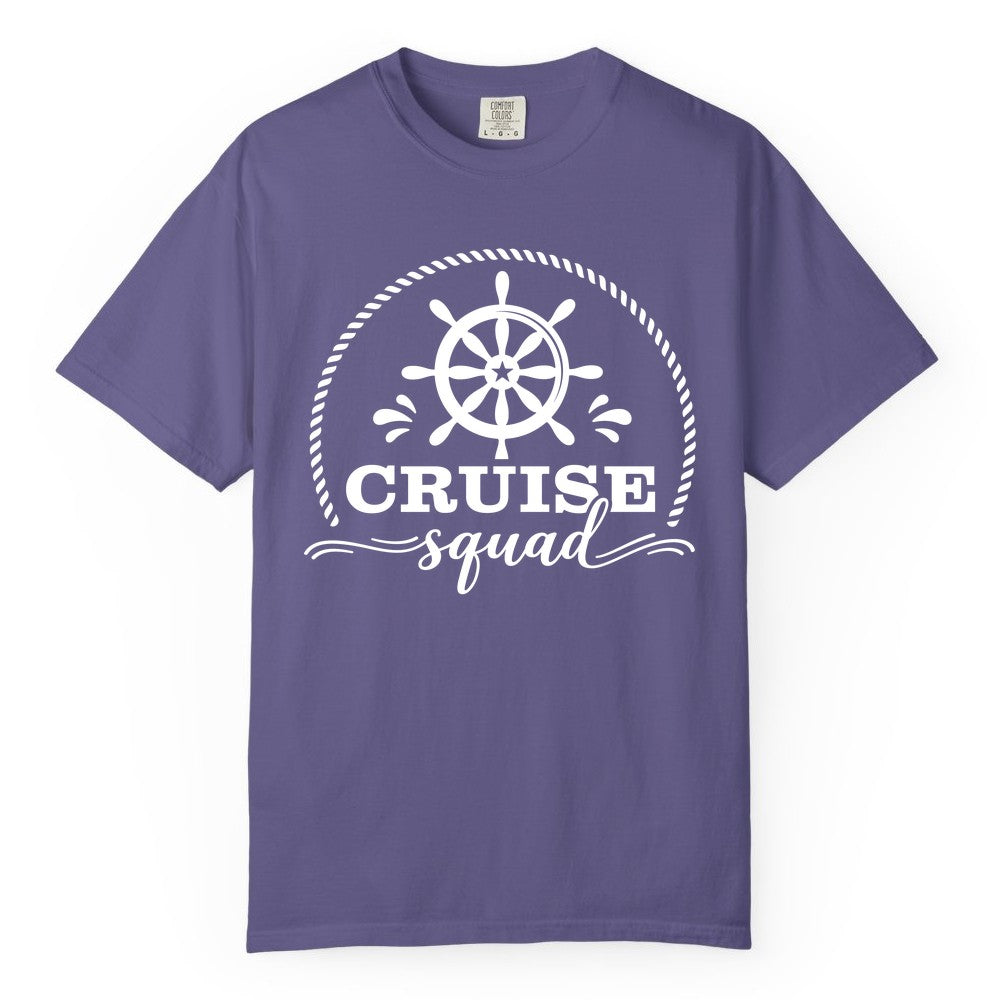 Cruise Squad Shirt - Nautical Wheel Group Cruise Apparel Matching (Comfort Color) in Grape - Cruise Squad Nautical Wheel Shirt - Rope and Fun Script Group Apparel