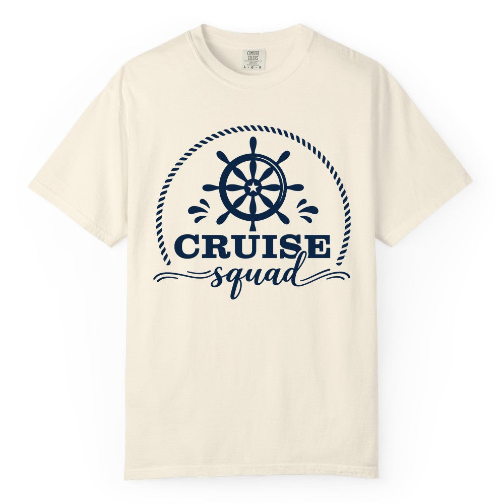 Cruise Squad Shirt - Nautical Wheel Group Cruise Apparel Matching (Comfort Color) in Ivory - Cruise Squad Nautical Wheel Shirt - Rope and Fun Script Group Apparel