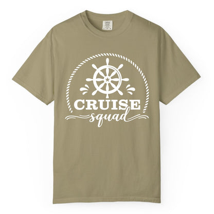 Cruise Squad Shirt - Nautical Wheel Group Cruise Apparel Matching (Comfort Color) in Khaki - Cruise Squad Nautical Wheel Shirt - Rope and Fun Script Group Apparel