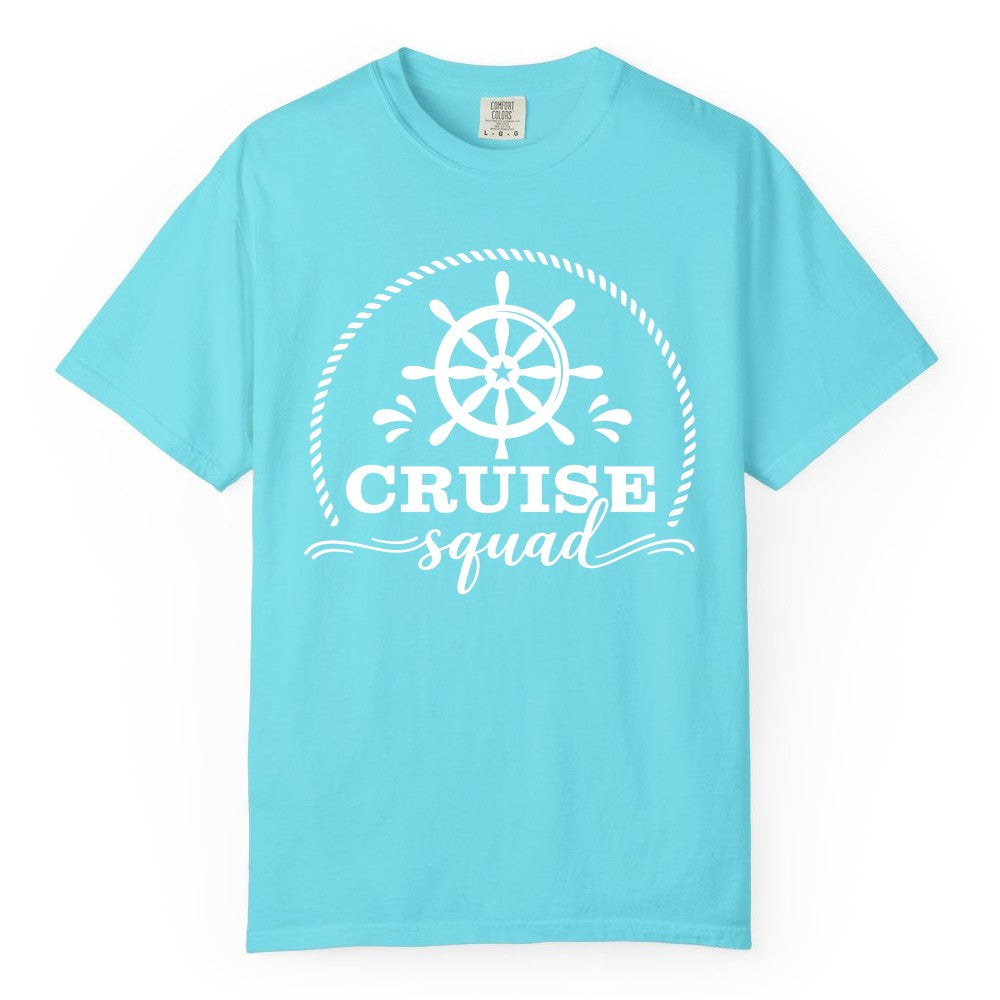 Cruise Squad Shirt - Nautical Wheel Group Cruise Apparel Matching (Comfort Color) in Lagoon Blue - Cruise Squad Nautical Wheel Shirt - Rope and Fun Script Group Apparel
