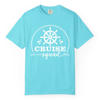 Cruise Squad Shirt - Nautical Wheel Group Cruise Apparel Matching (Comfort Color) in Lagoon Blue - Cruise Squad Nautical Wheel Shirt - Rope and Fun Script Group Apparel