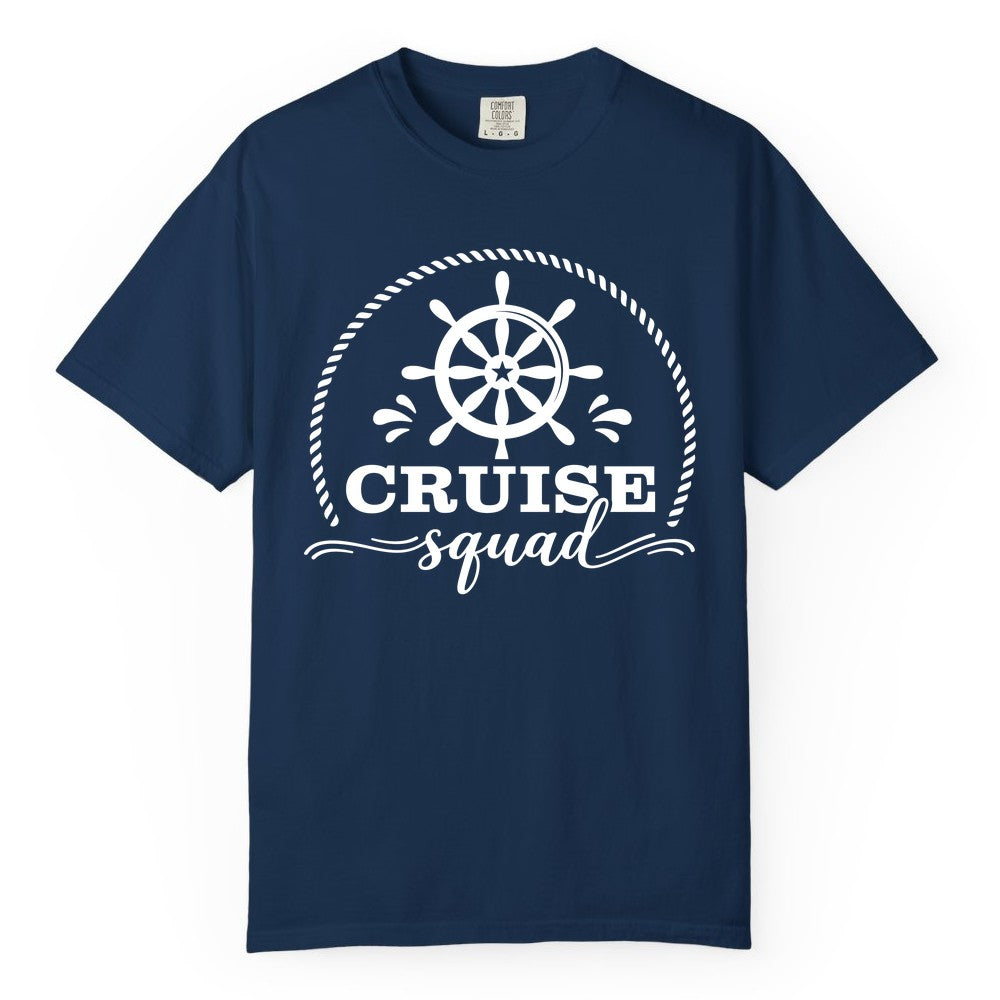 Cruise Squad Shirt - Nautical Wheel Group Cruise Apparel Matching (Comfort Color) in Navy - Cruise Squad Nautical Wheel Shirt - Rope and Fun Script Group Apparel