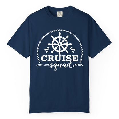Cruise Squad Shirt - Nautical Wheel Group Cruise Apparel Matching (Comfort Color) in Navy - Cruise Squad Nautical Wheel Shirt - Rope and Fun Script Group Apparel