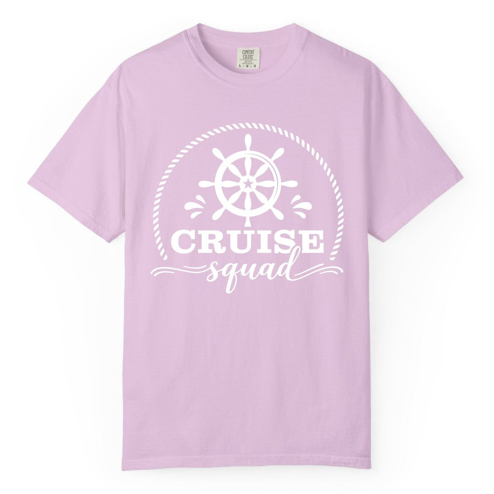 Cruise Squad Shirt - Nautical Wheel Group Cruise Apparel Matching (Comfort Color) in Orchid - Cruise Squad Nautical Wheel Shirt - Rope and Fun Script Group Apparel