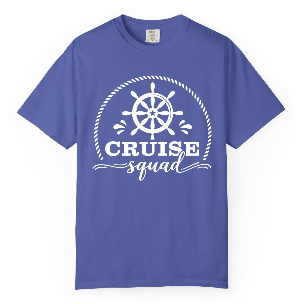 Cruise Squad Shirt - Nautical Wheel Group Cruise Apparel Matching (Comfort Color) in Periwinkle - Cruise Squad Nautical Wheel Shirt - Rope and Fun Script Group Apparel