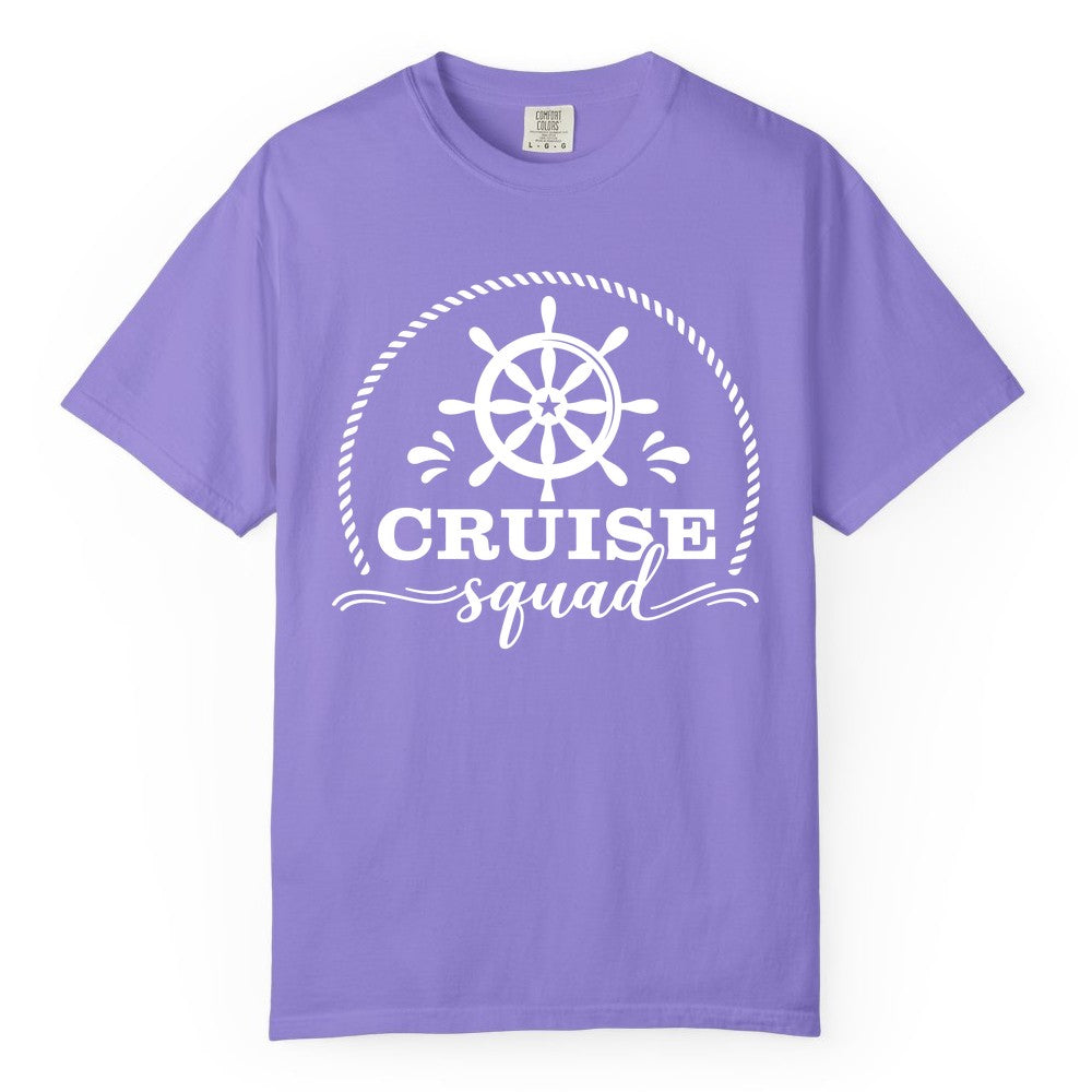 Cruise Squad Shirt - Nautical Wheel Group Cruise Apparel Matching (Comfort Color) in Violet - Cruise Squad Nautical Wheel Shirt - Rope and Fun Script Group Apparel